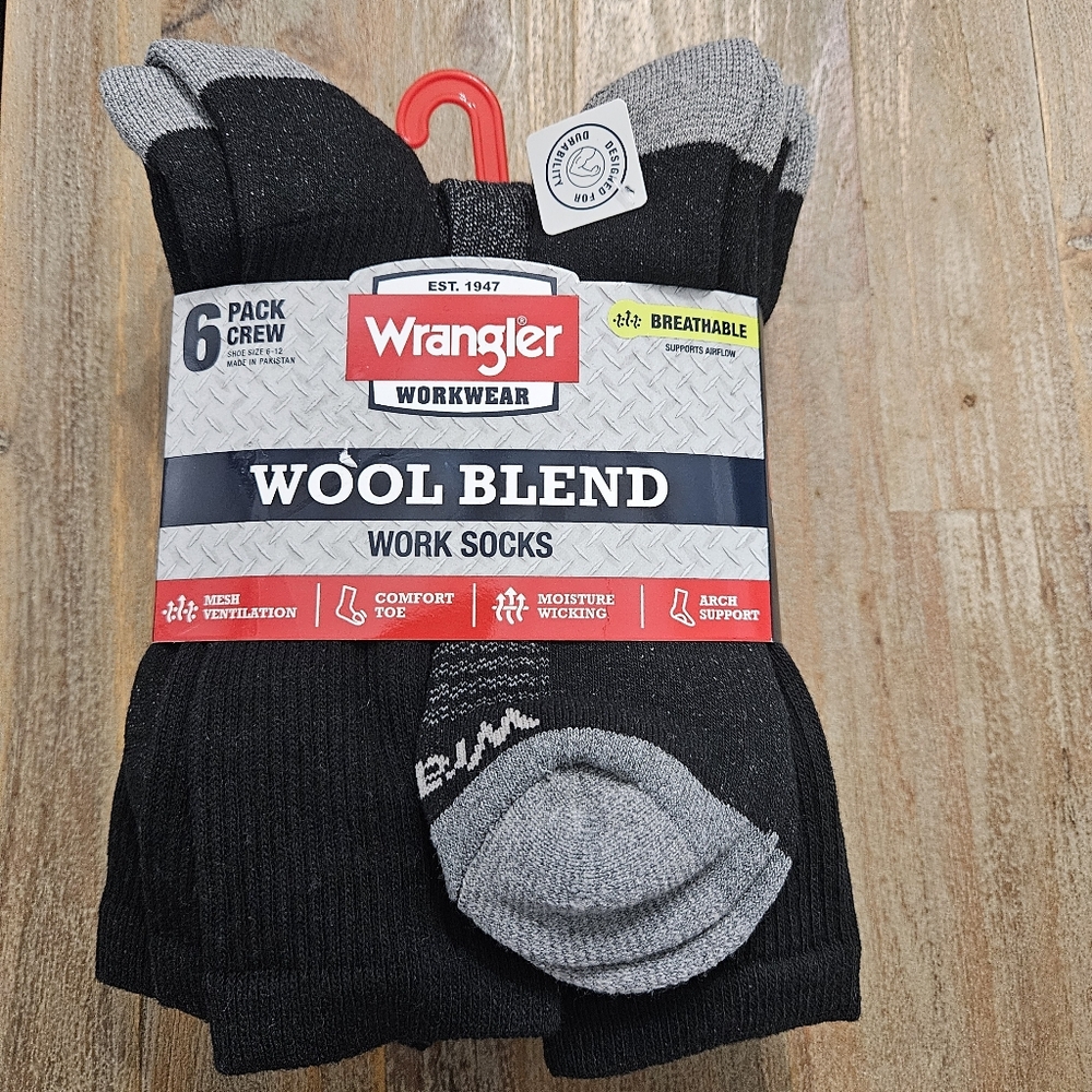 Wrangler Mens Workwear Wool Blend Work Socks 6 Pack Sz 6-12 Black NWT